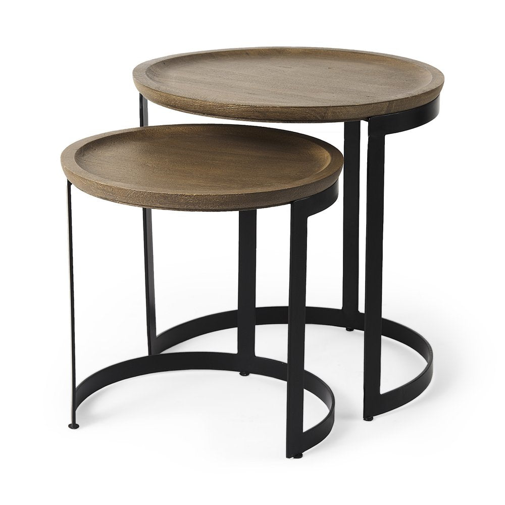 Set of Two Brown and Black Solid Wood and Iron Round Nested Tables — view 3