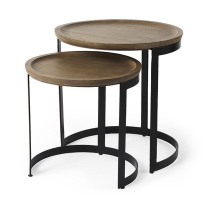 Set of Two Brown and Black Solid Wood and Iron Round Nested Tables HomeRoots