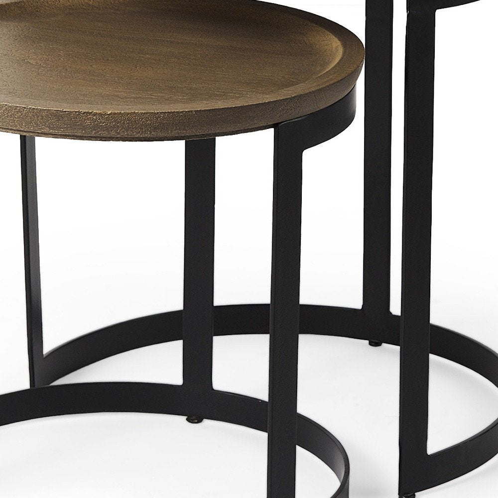 Set of Two Brown and Black Solid Wood and Iron Round Nested Tables HomeRoots