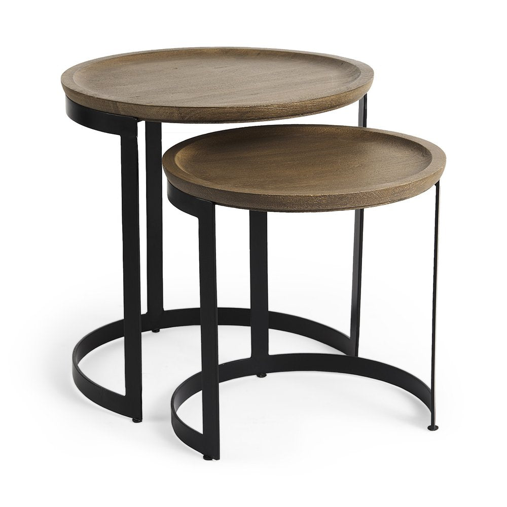 Set of Two Brown and Black Solid Wood and Iron Round Nested Tables HomeRoots