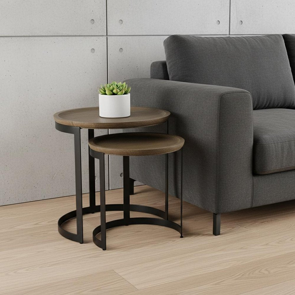 Set of Two Brown and Black Solid Wood and Iron Round Nested Tables HomeRoots