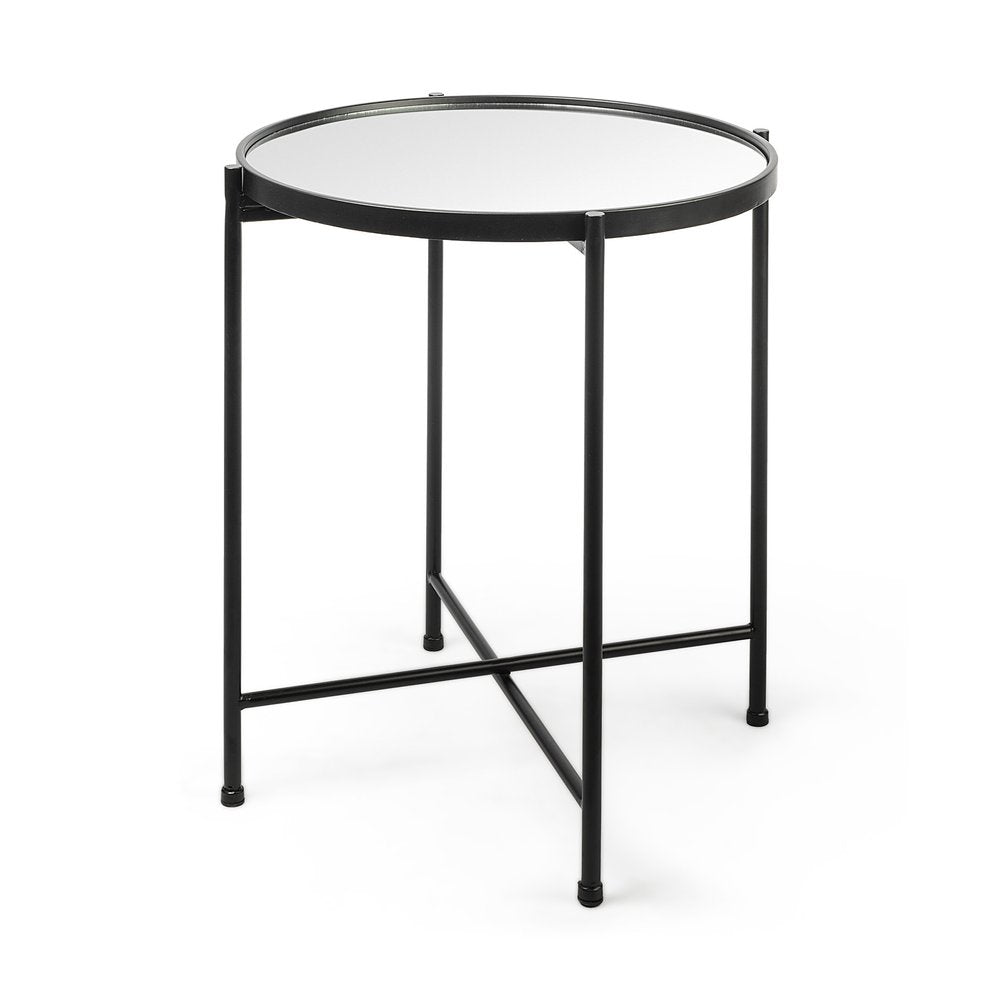 24" Silver and Black Mirrored Glass and Iron Round End Table HomeRoots