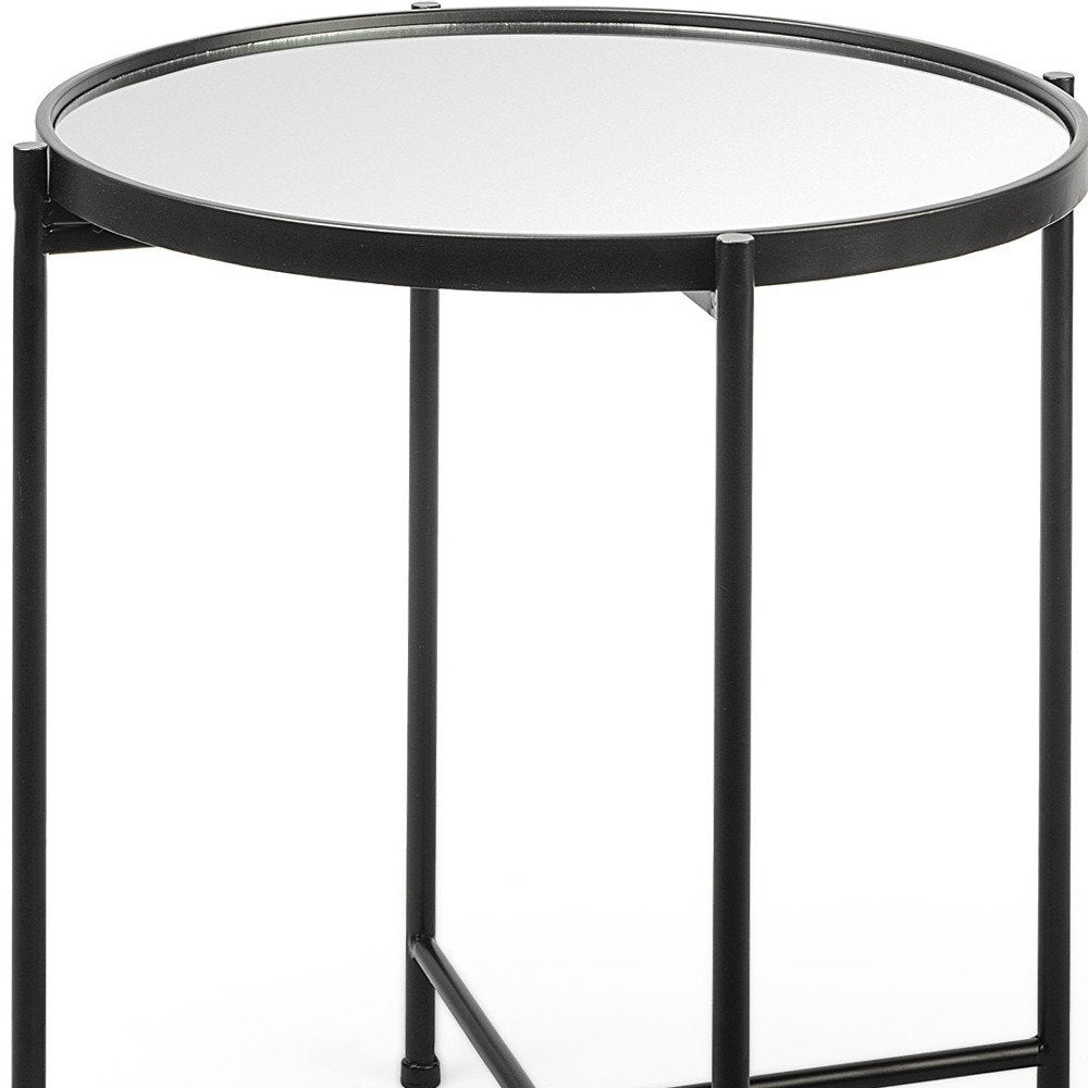24" Silver and Black Mirrored Glass and Iron Round End Table — view 4