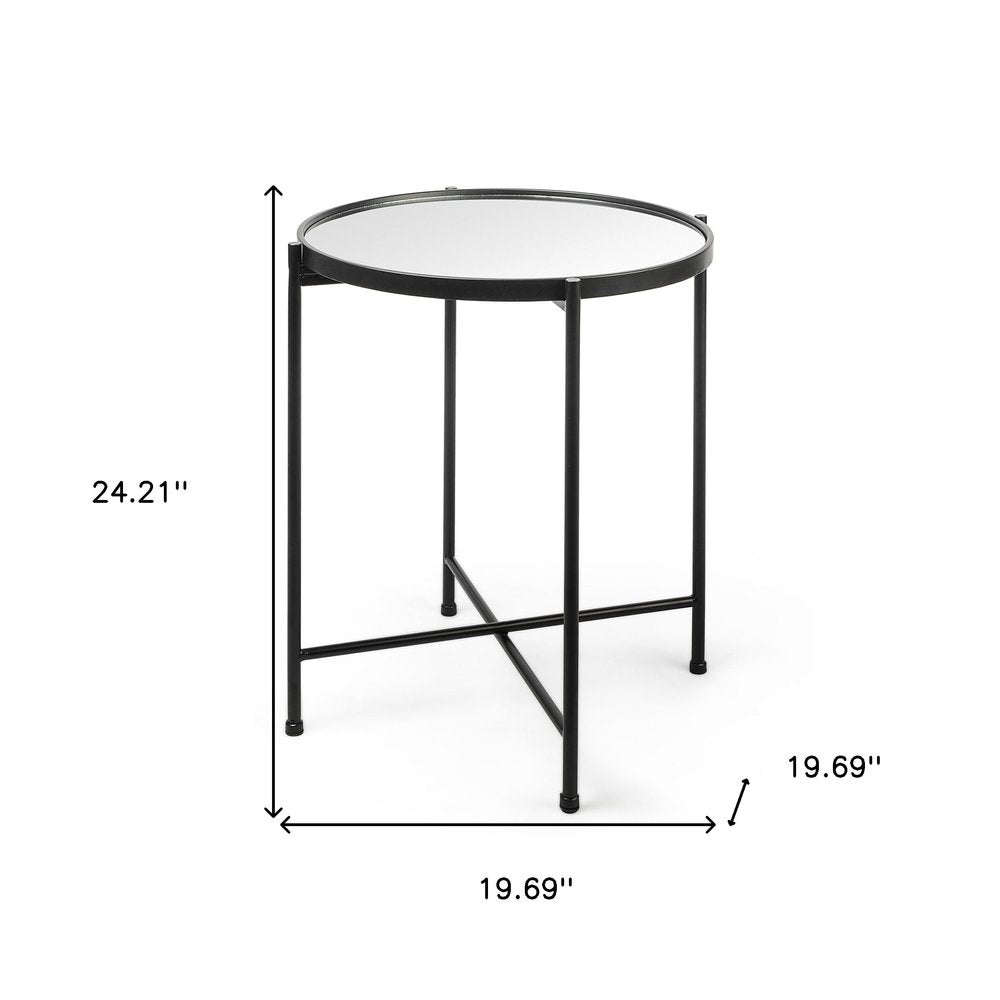 24" Silver and Black Mirrored Glass and Iron Round End Table — view 5