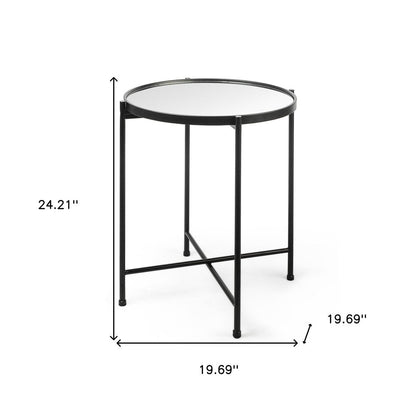 24" Silver and Black Mirrored Glass and Iron Round End Table HomeRoots