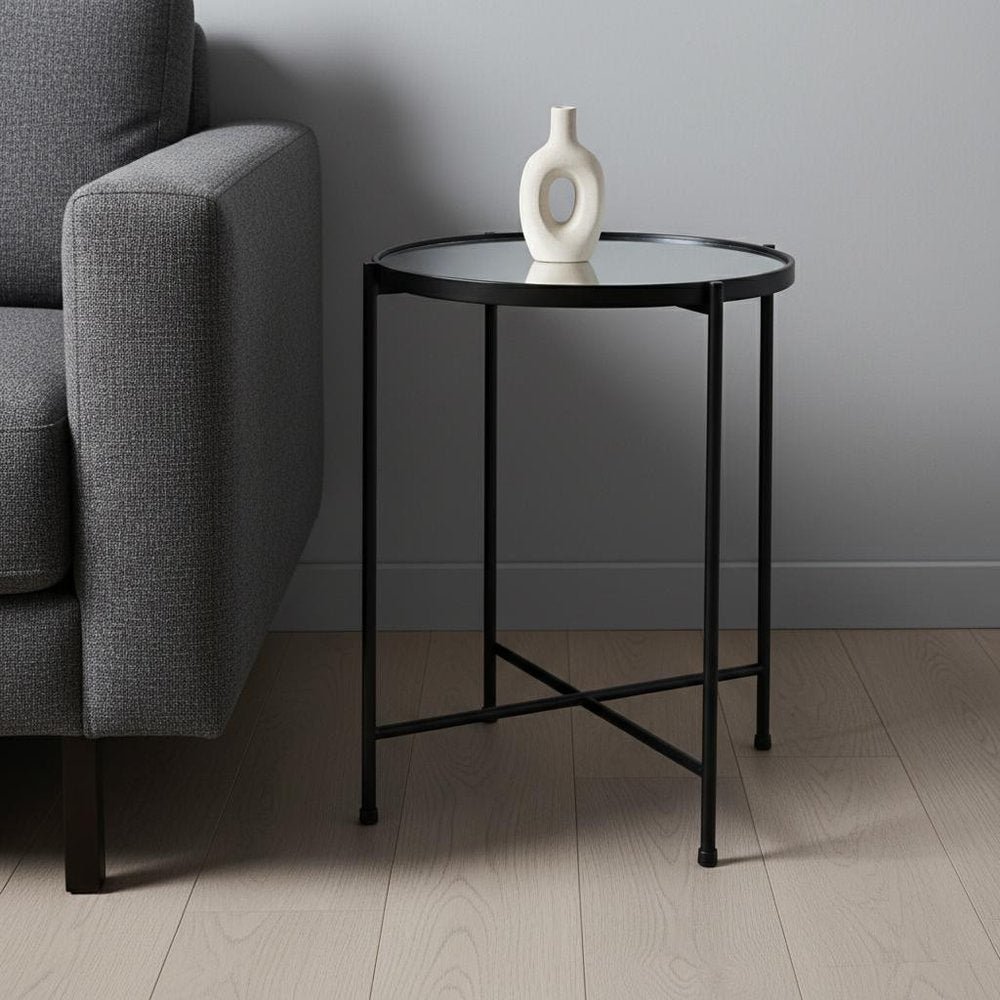 24" Silver and Black Mirrored Glass and Iron Round End Table HomeRoots