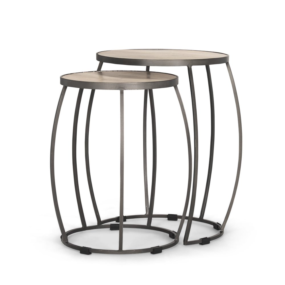 Set of Two Natural and Silver Solid Wood and Iron Round Frame Nested Tables — view 2