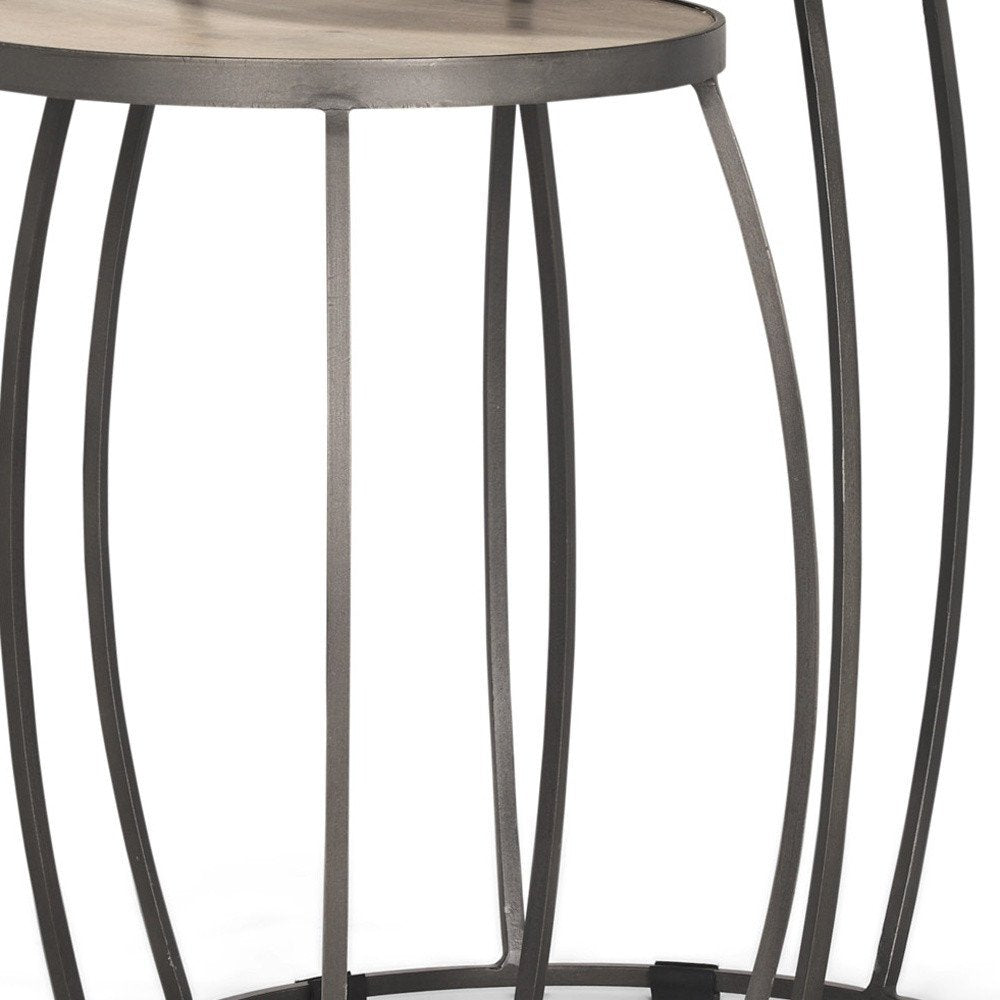 Set of Two Natural and Silver Solid Wood and Iron Round Frame Nested Tables — view 5
