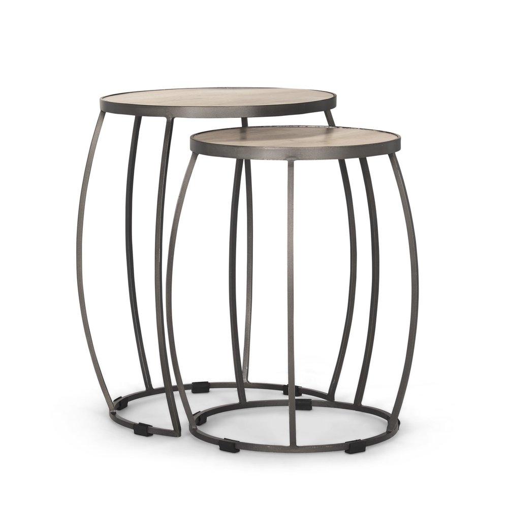 Set of Two Natural and Silver Solid Wood and Iron Round Frame Nested Tables — view 3