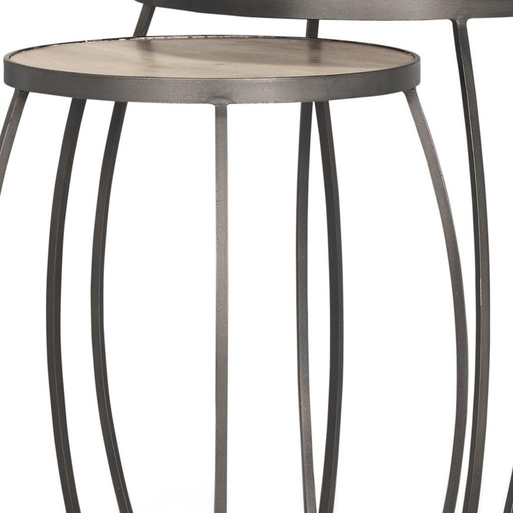 Set of Two Natural and Silver Solid Wood and Iron Round Frame Nested Tables HomeRoots