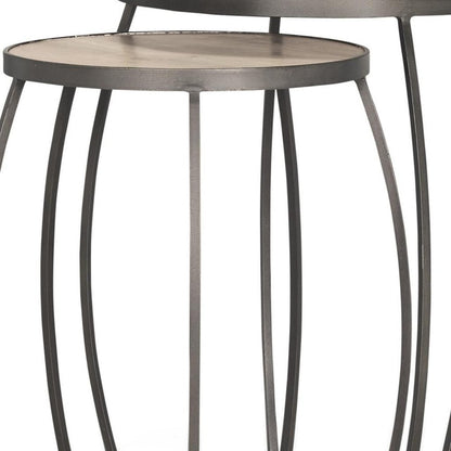 Set of Two Natural and Silver Solid Wood and Iron Round Frame Nested Tables HomeRoots