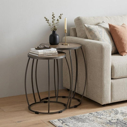 Set of Two Natural and Silver Solid Wood and Iron Round Frame Nested Tables HomeRoots