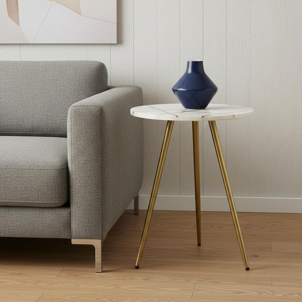 16" White and Gold Stone and Metal Tray Table HomeRoots