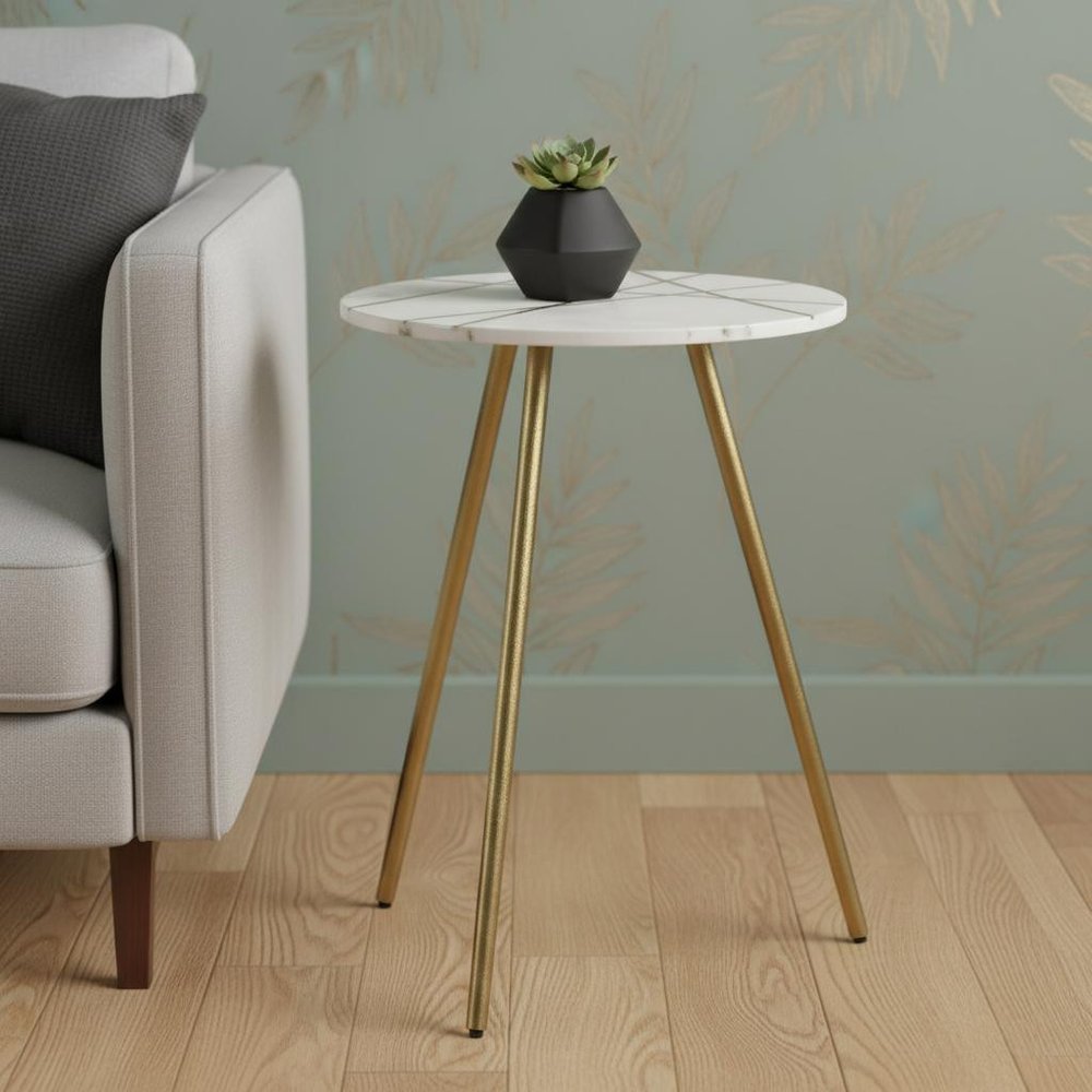 18" White and Gold Stone and Metal Tray Table — view 5