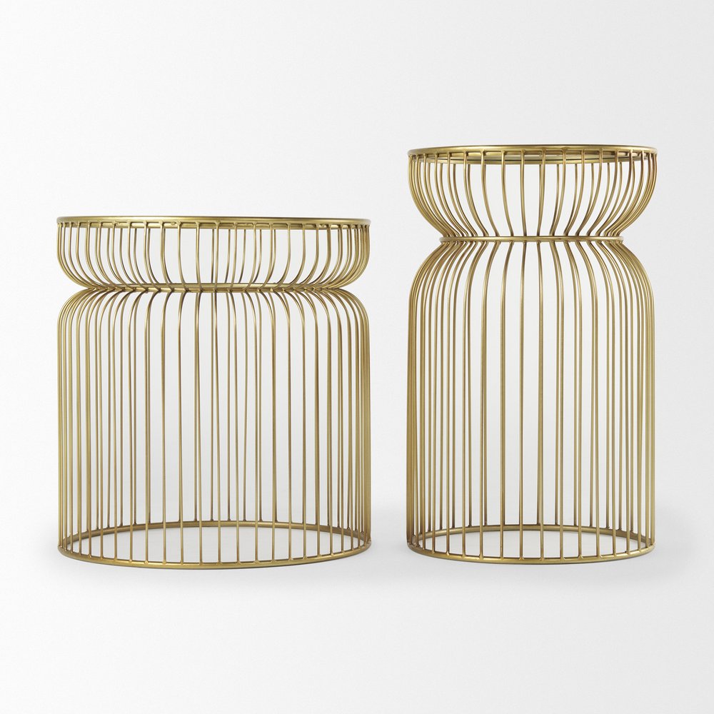 Set of Two Clear and Gold Tempered Glass and Metal Wire Round Drum End Tables HomeRoots
