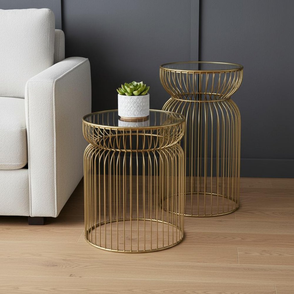 Set of Two Clear and Gold Tempered Glass and Metal Wire Round Drum End Tables HomeRoots