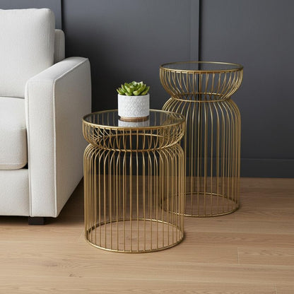Set of Two Clear and Gold Tempered Glass and Metal Wire Round Drum End Tables HomeRoots