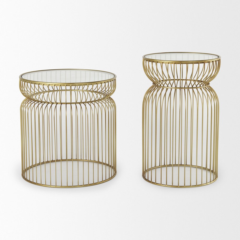 Set of Two Clear and Gold Tempered Glass and Metal Wire Round Drum End Tables HomeRoots