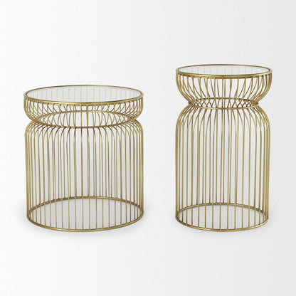 Set of Two Clear and Gold Tempered Glass and Metal Wire Round Drum End Tables HomeRoots