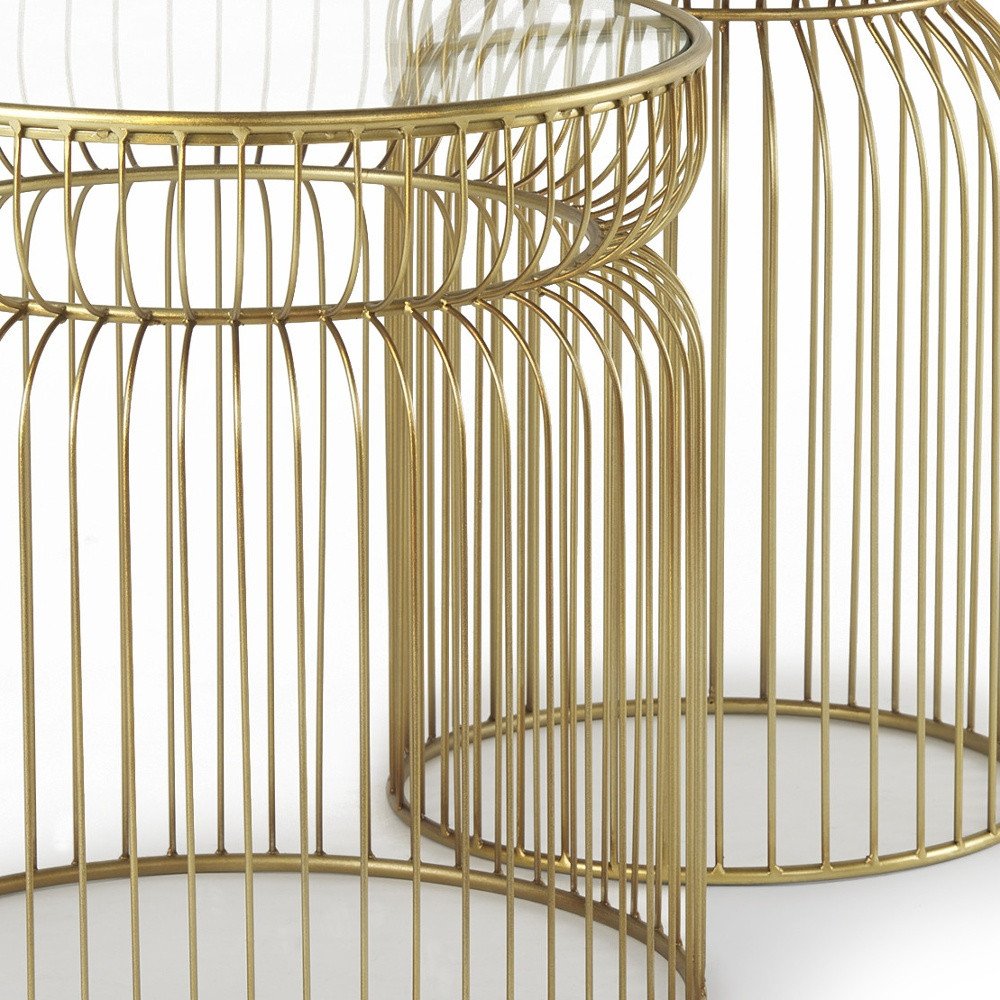 Set of Two Clear and Gold Tempered Glass and Metal Wire Round Drum End Tables HomeRoots