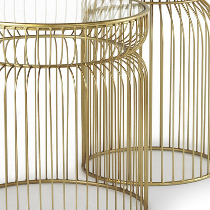 Set of Two Clear and Gold Tempered Glass and Metal Wire Round Drum End Tables HomeRoots