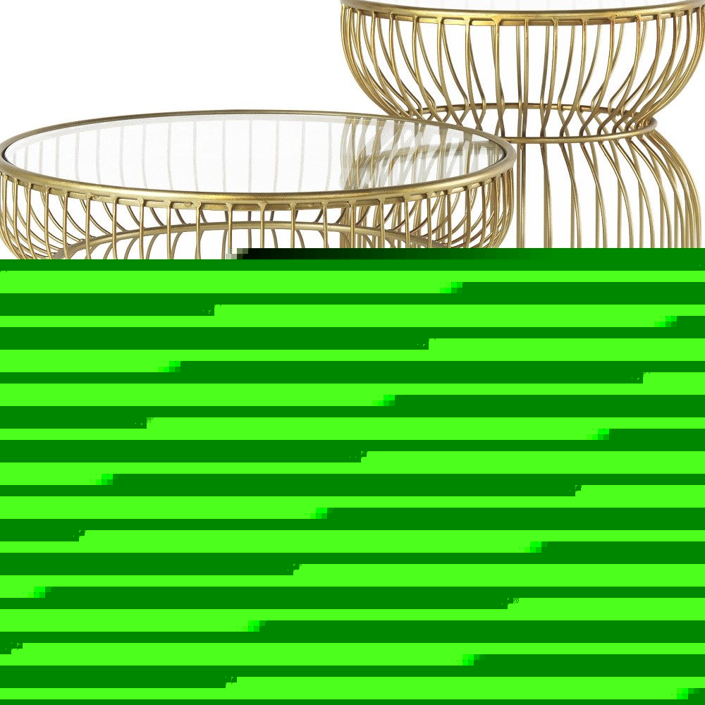 Set of Two Clear and Gold Tempered Glass and Metal Wire Round Drum End Tables HomeRoots