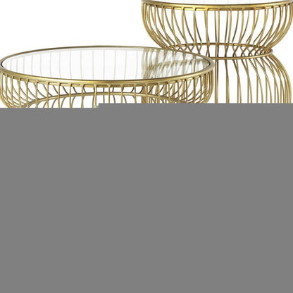 Set of Two Clear and Gold Tempered Glass and Metal Wire Round Drum End Tables HomeRoots