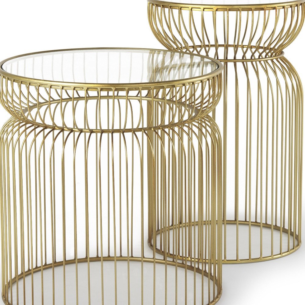 Set of Two Clear and Gold Tempered Glass and Metal Wire Round Drum End Tables HomeRoots