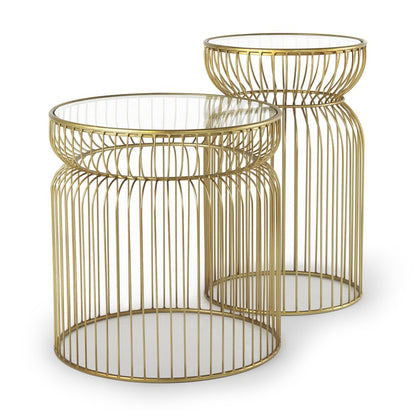 Set of Two Clear and Gold Tempered Glass and Metal Wire Round Drum End Tables HomeRoots