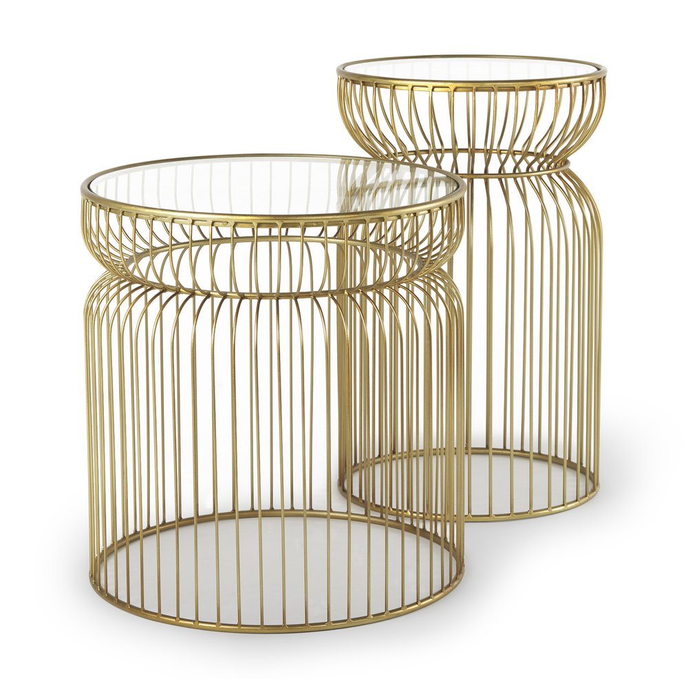 Set of Two Clear and Gold Tempered Glass and Metal Wire Round Drum End Tables HomeRoots