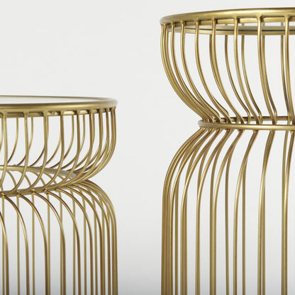 Set of Two Clear and Gold Tempered Glass and Metal Wire Round Drum End Tables HomeRoots