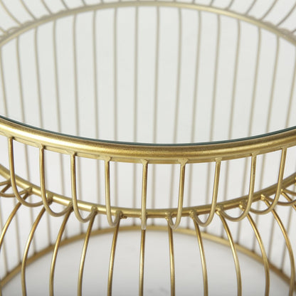 Set of Two Clear and Gold Tempered Glass and Metal Wire Round Drum End Tables HomeRoots