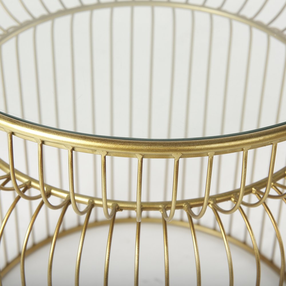 Set of Two Clear and Gold Tempered Glass and Metal Wire Round Drum End Tables HomeRoots