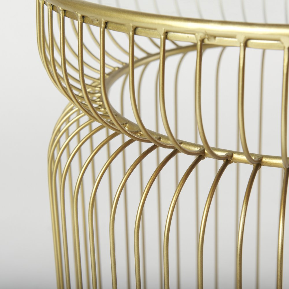 Set of Two Clear and Gold Tempered Glass and Metal Wire Round Drum End Tables HomeRoots