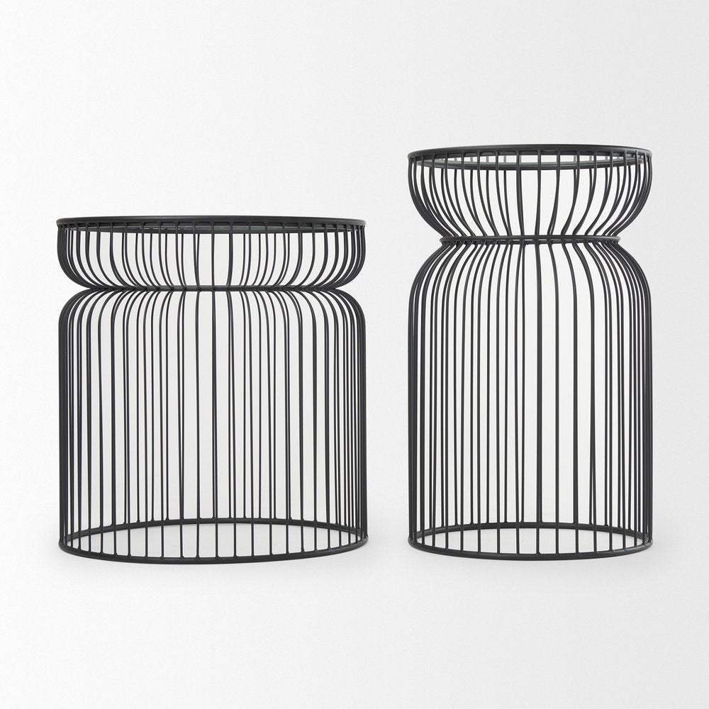 Set of Two Clear and Black Tempered Glass and Metal Wire Round Drum End Tables HomeRoots