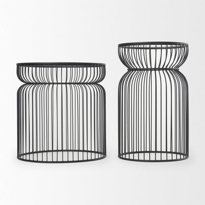 Set of Two Clear and Black Tempered Glass and Metal Wire Round Drum End Tables HomeRoots