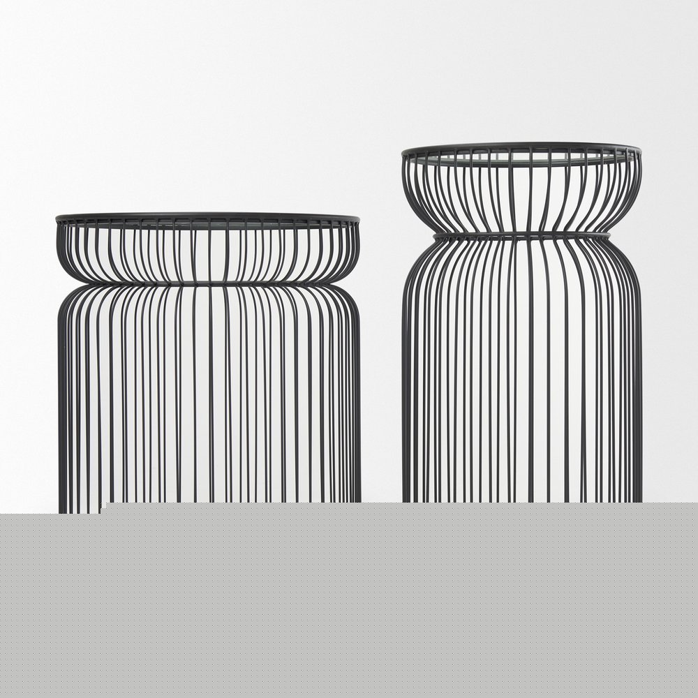 Set of Two Clear and Black Tempered Glass and Metal Wire Round Drum End Tables HomeRoots