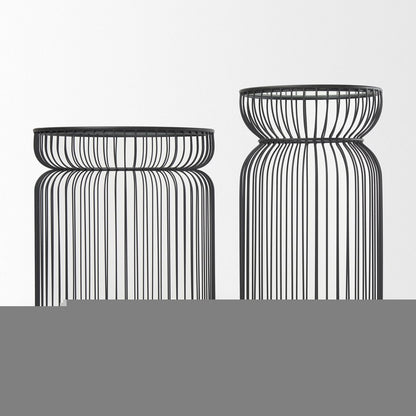 Set of Two Clear and Black Tempered Glass and Metal Wire Round Drum End Tables HomeRoots
