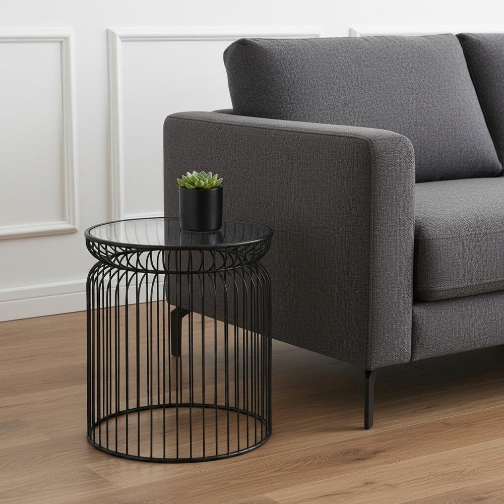 Set of Two Clear and Black Tempered Glass and Metal Wire Round Drum End Tables HomeRoots