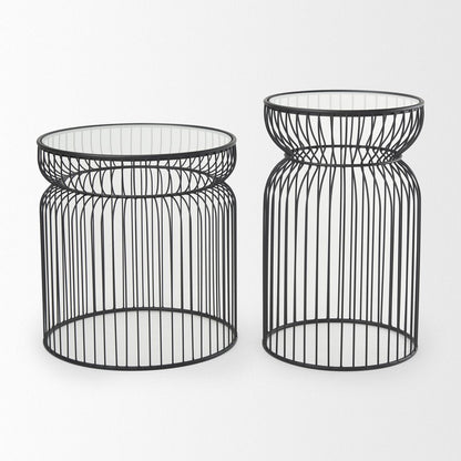 Set of Two Clear and Black Tempered Glass and Metal Wire Round Drum End Tables HomeRoots