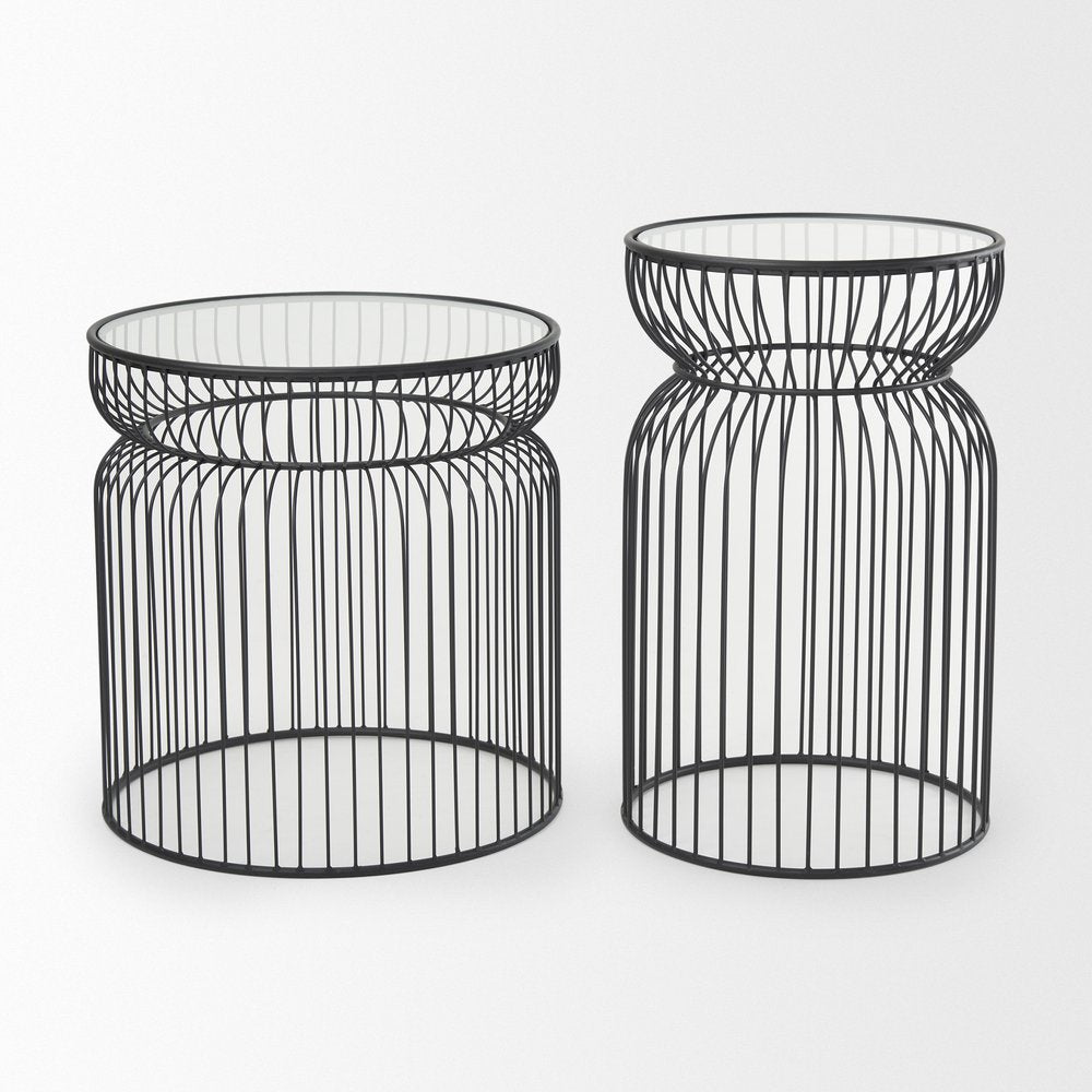 Set of Two Clear and Black Tempered Glass and Metal Wire Round Drum End Tables HomeRoots