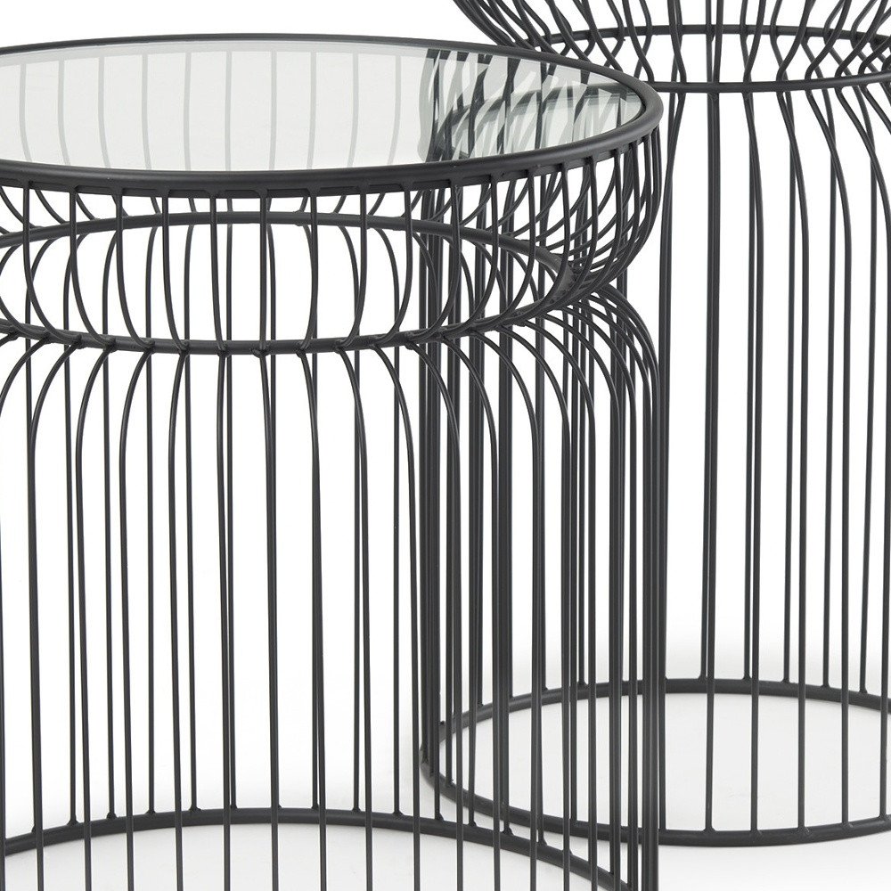 Set of Two Clear and Black Tempered Glass and Metal Wire Round Drum End Tables HomeRoots
