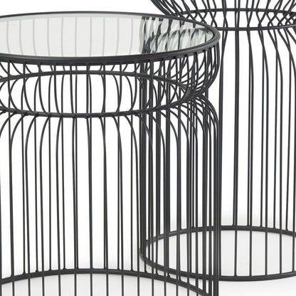 Set of Two Clear and Black Tempered Glass and Metal Wire Round Drum End Tables HomeRoots