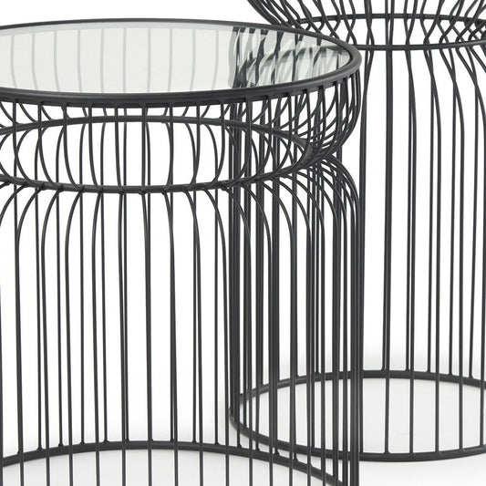 Set of Two Clear and Black Tempered Glass and Metal Wire Round Drum End Tables HomeRoots