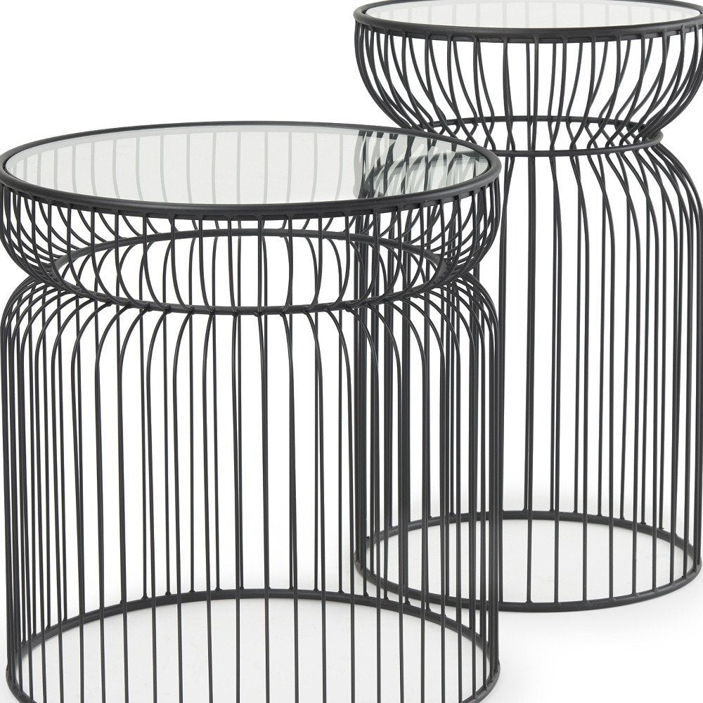 Set of Two Clear and Black Tempered Glass and Metal Wire Round Drum End Tables HomeRoots