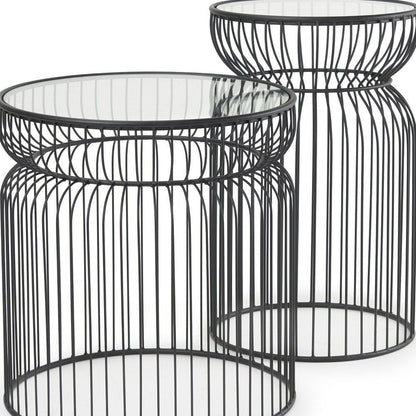 Set of Two Clear and Black Tempered Glass and Metal Wire Round Drum End Tables HomeRoots