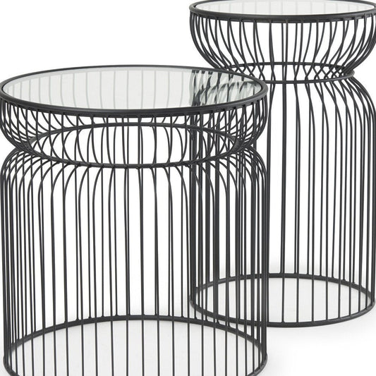 Set of Two Clear and Black Tempered Glass and Metal Wire Round Drum End Tables HomeRoots