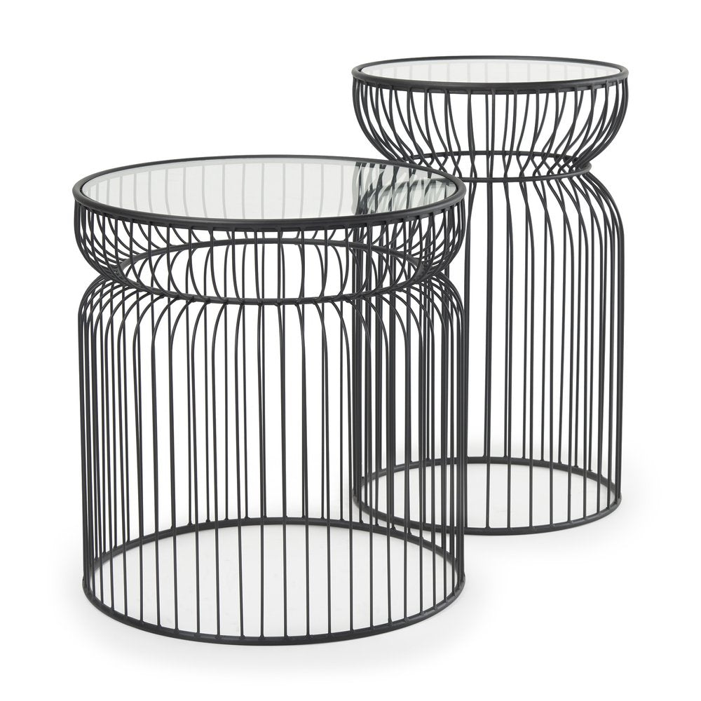 Set of Two Clear and Black Tempered Glass and Metal Wire Round Drum End Tables HomeRoots