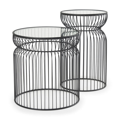 Set of Two Clear and Black Tempered Glass and Metal Wire Round Drum End Tables HomeRoots