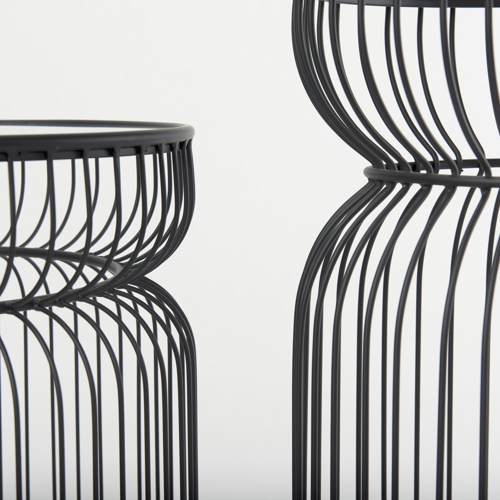 Set of Two Clear and Black Tempered Glass and Metal Wire Round Drum End Tables HomeRoots